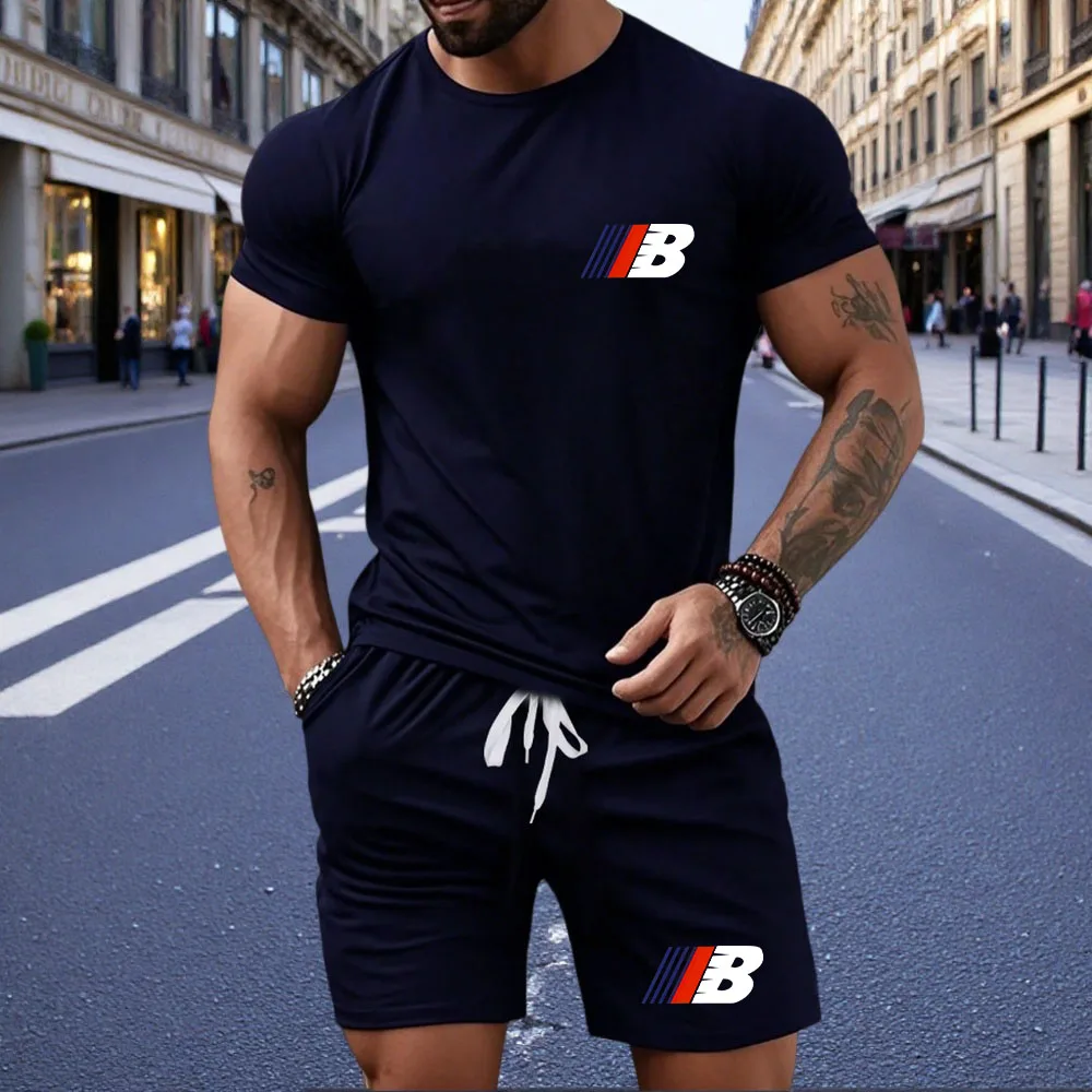 

Men's outdoor jogging multifunctional short sleeved T-shirt and sports shorts summer men's sports and leisure quality set