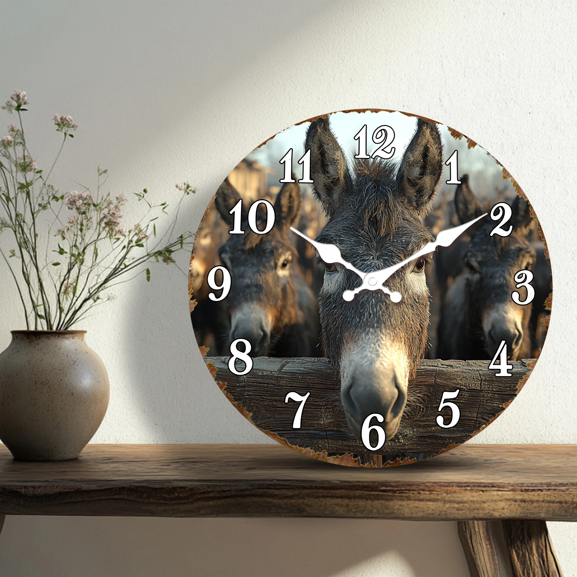 Donkeys Behind Wood Fence Wall Clock - Farm Animal Herd Decor, Rustic Country Living Room Garden Art Clock