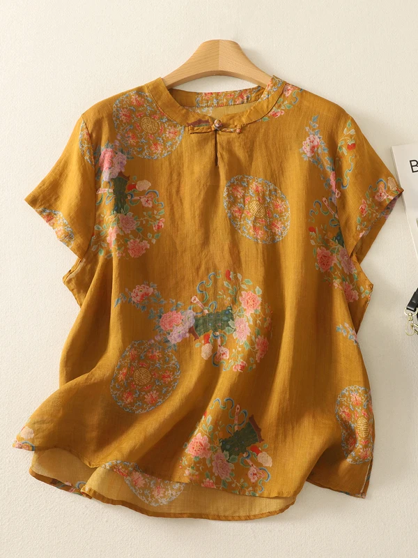 

Chinese Print Cotton Lin Women's irt Summer Zen Sle Stand Collar ort Sve Side Button Loose Fit Regular Sve Length