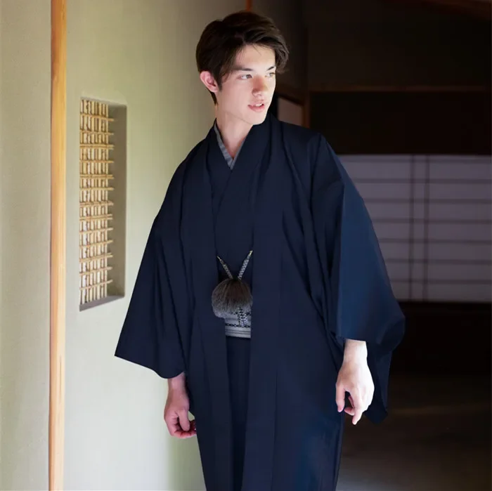 Tradition Japanese Kimono Men Black Suit Spring Haori Fromal Include Coat Robe Belt