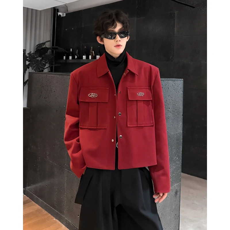 

Retro Wine Red Woolen Jaet Men's oulder Pad Design ort Tailor Made Chinese Sle Suit Cool Nerd Men's Faion Model
