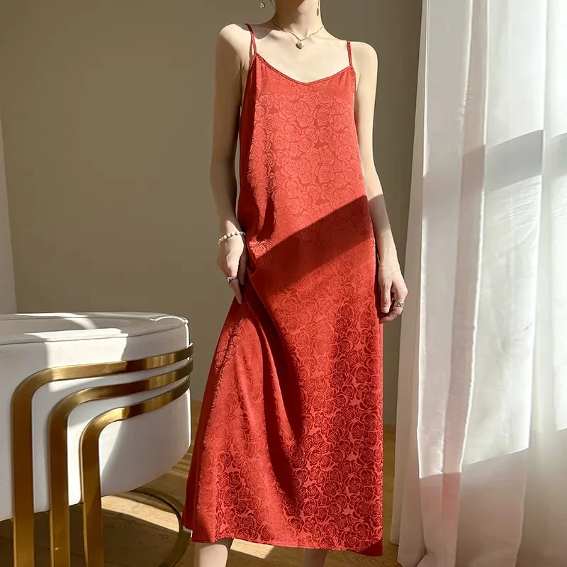 Mulheres cetim jacquard cinta vestido de casamento 2025 verão novos vestidos soltos y2k feminino cinta sem mangas longo robe chique vestidos de festa