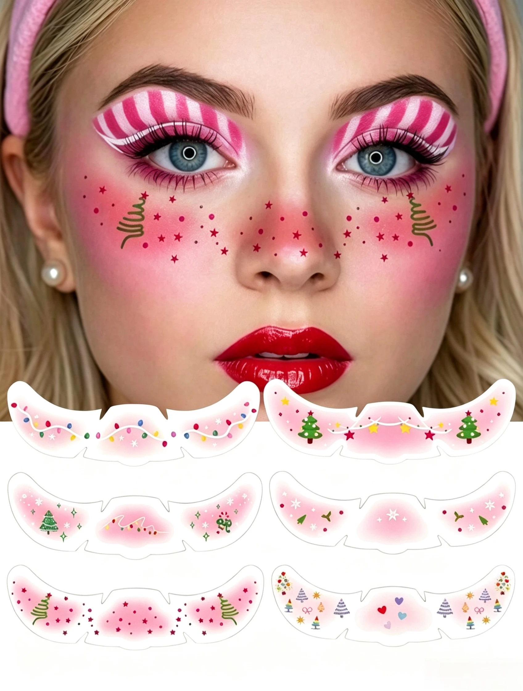 Christmas Under Eye Face Stickers Self Adhesive Pink Base Mini Christmas Tree Light Star Sequins Makeup Temporary Tattoo Stickers For Women Girls