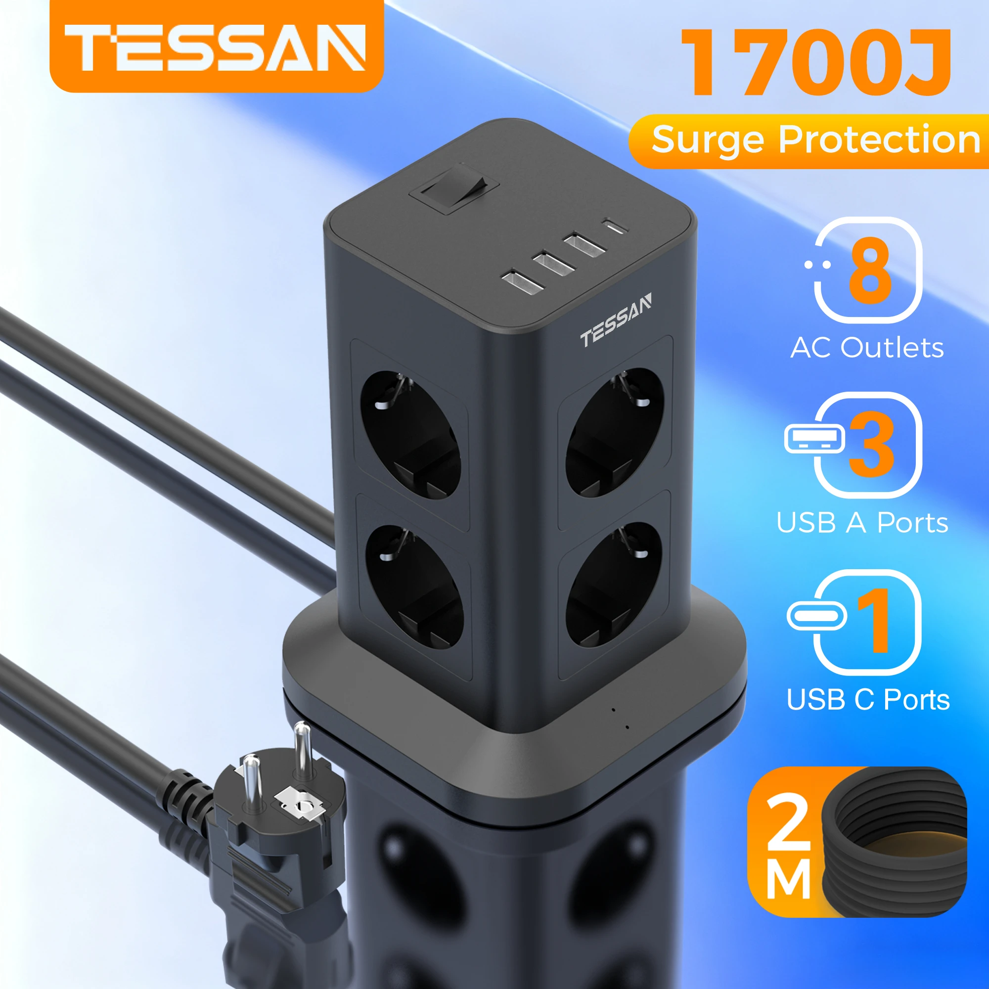 

TESSAN Surge Protection Tower Power Strip 8 Way Tower Distribution Socket with 1USB C 3 USB A 2M Extension Cable Multiple Socket