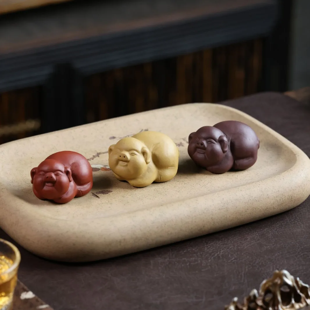 Yixing Purple Clay Three-Color Lucky Cute Ornament, Made Of Zhuni Clay, Suitable For Maintenance, Creative Zodiac Pig Tray,