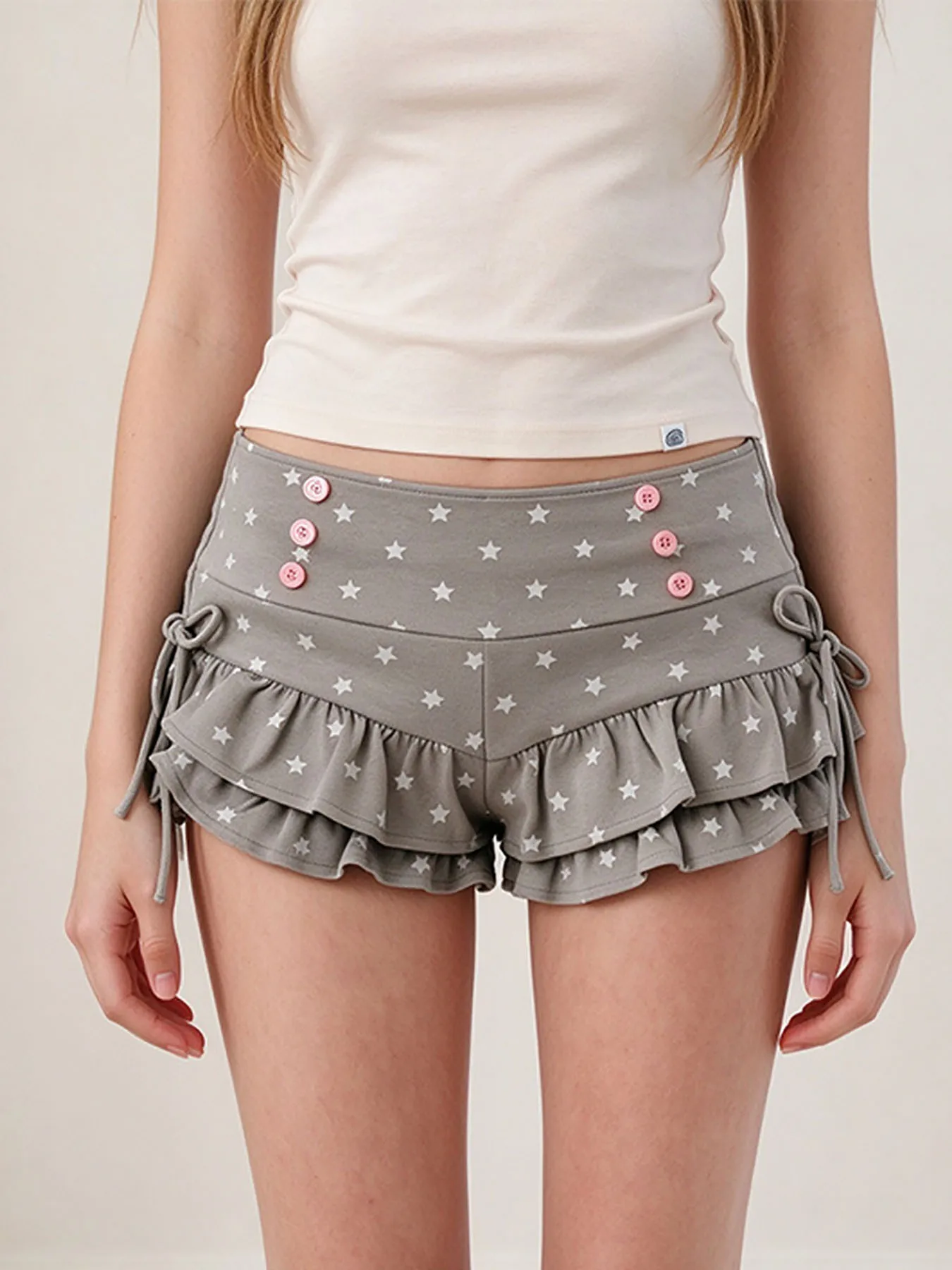 2026 Summer New Y2K Grey Star Print Low Waist Skort Double Layer Ruffle Edge Side Drawstring for Trendy Street Outfits