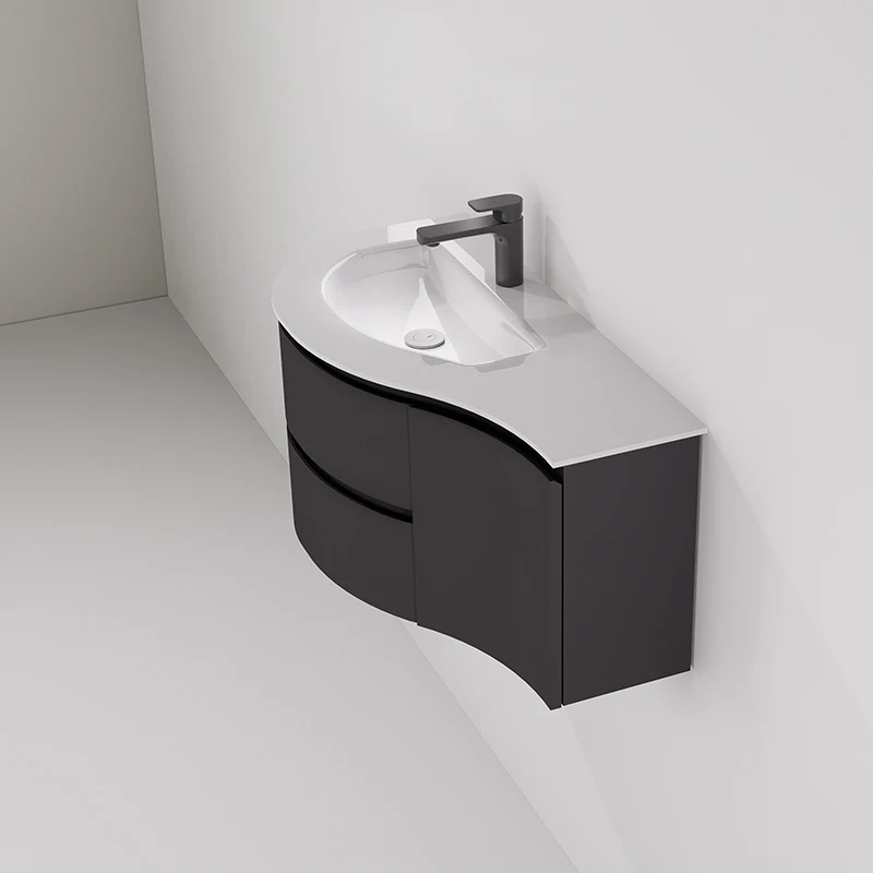 Extremely narrow big belly arc bathroom cabinet hand wash basin solid wood paint wash cabinet tempered glass integrated basin