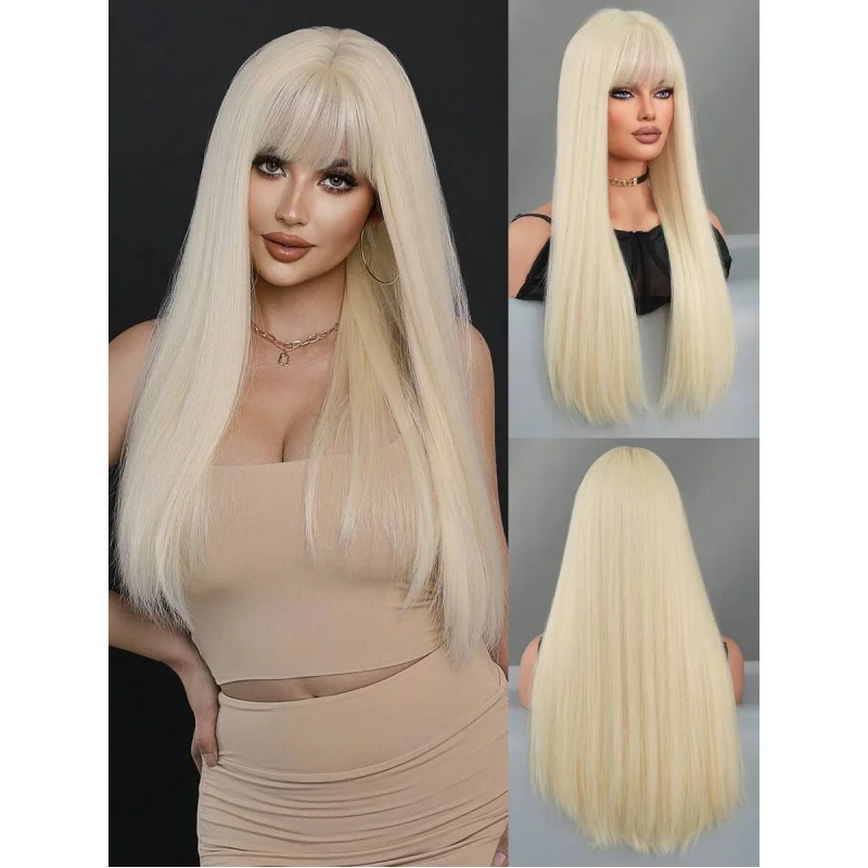 24 Inch Long Straight Platinum Blonde Synthetic Wig With Bangs Natural Looking Heat Resistant For Women Cosplay