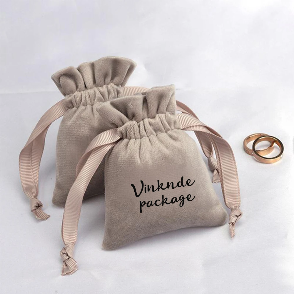 

100Pcs DIY Personalized Velvet Flannel Jewelry Drawstring Gift Bag Print Logo Packaging Pouch for Earrings Wedding Favors Guests