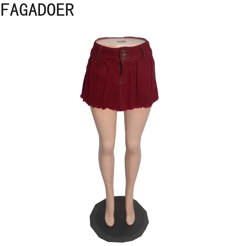 FAGADOER Y2k Sexy Denim Skirt Women Summer New Solid Color Pleated Tassel Patchwork High Waist Skirt Female Hipster Streetwear