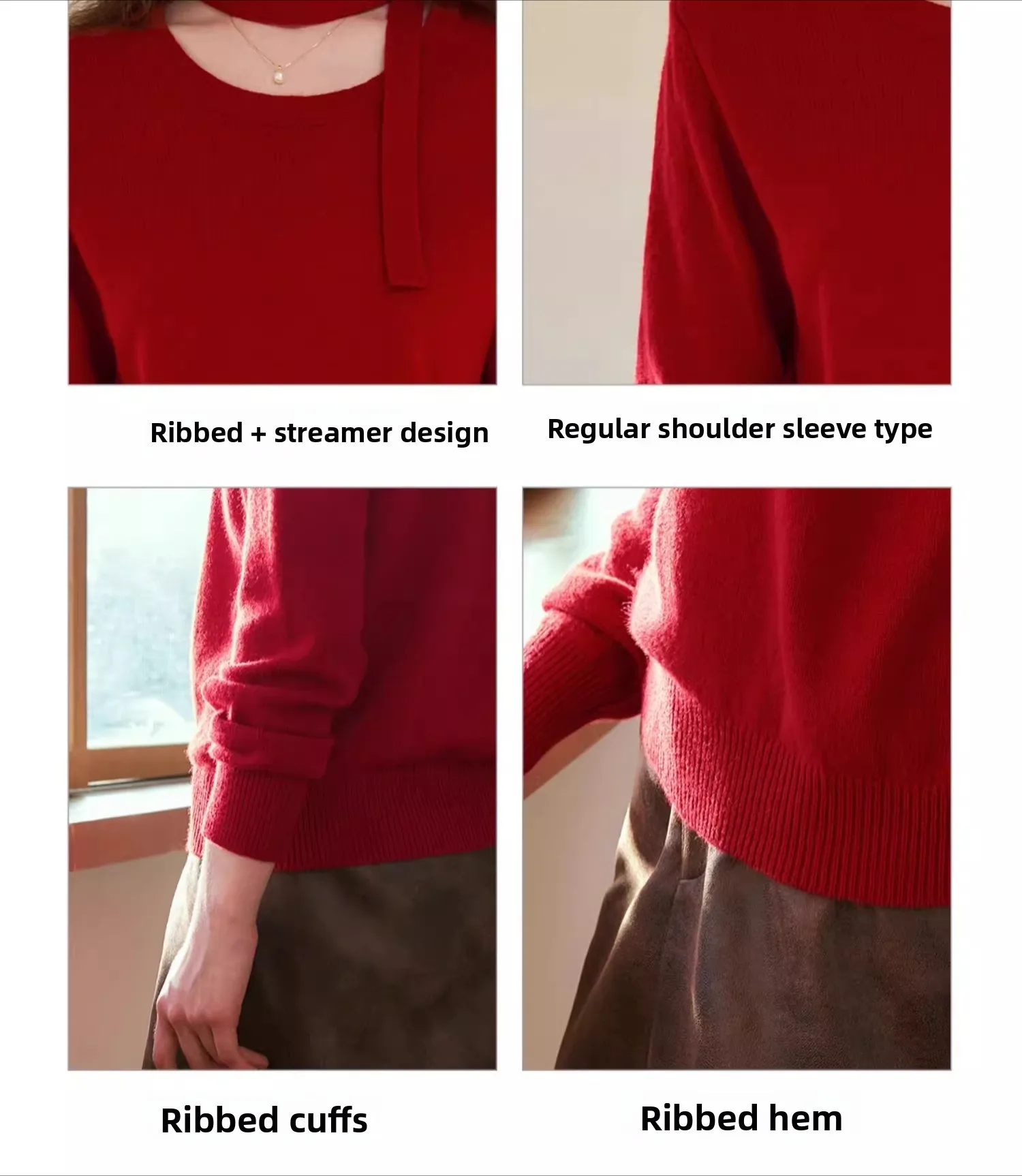 Sweter damski OLrain French Red Pullover, nowość na jesień 2025, luźny sweter z dzianiny, damski sweter z długim rękawem i wstążką, model N56QM92118