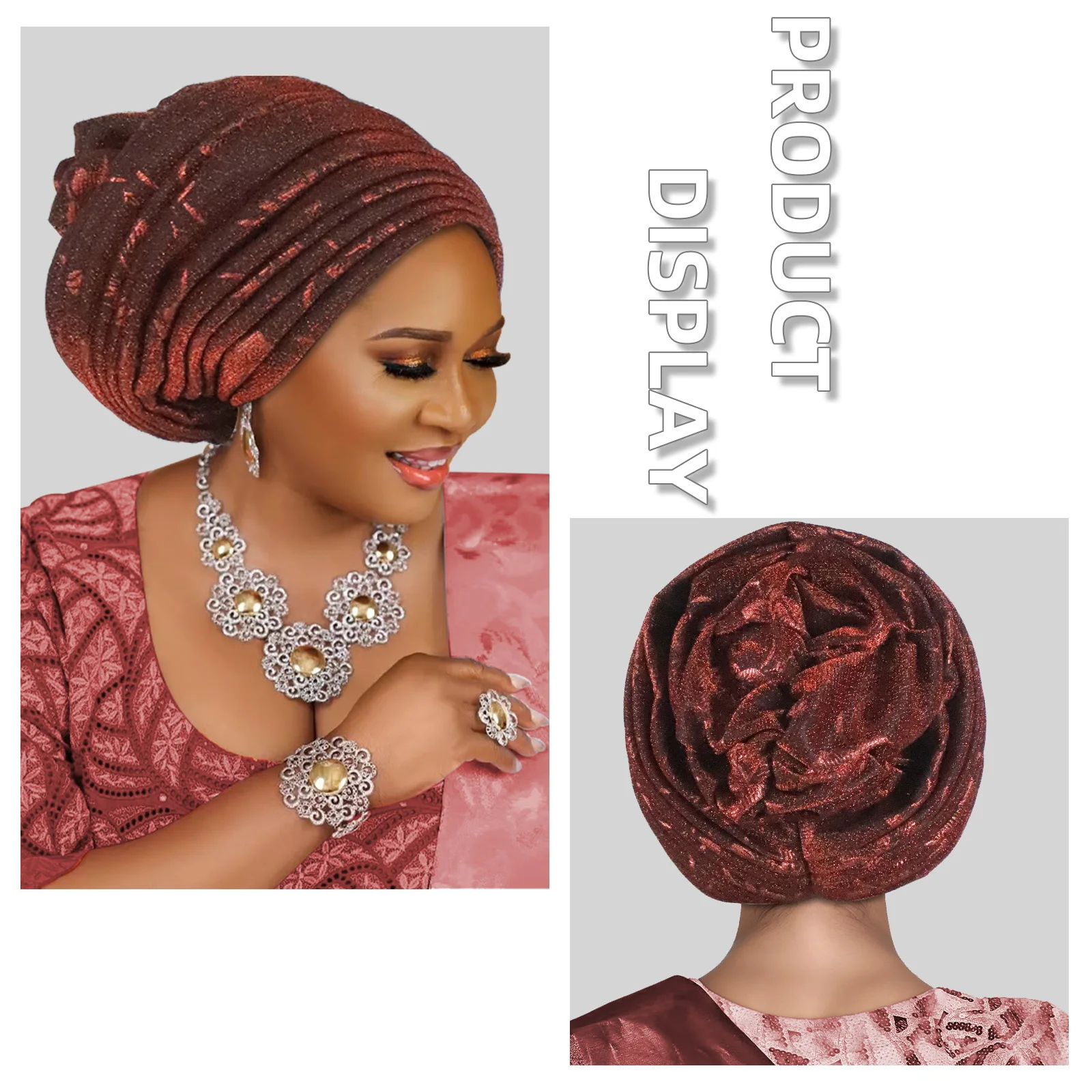 

Glitter Pleated Turban Cap Women Head Wrap Muslim Hijab Headscarf African Auto Gele Headtie Nigerian Weddig Headpiece Turbante
