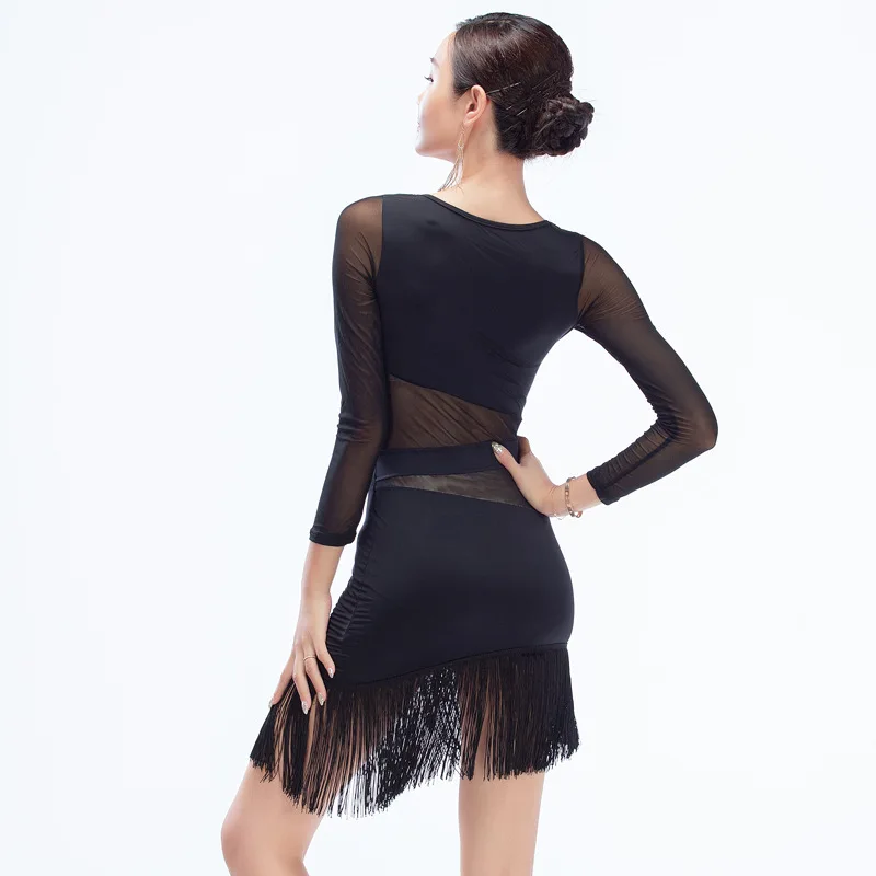 Women Latin Dance Dress Adult Tassel Ballroom Dancing Costume Ice Silk Fringed Long-sleeve Sleeveles Skirt Female Stage Clothing