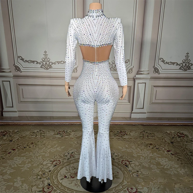 White Long Sleeve Rhinestone Bodysuit Singer Showgirl Performance Outfit Nightclub Gogo Dance Costume Party Show Clothing 4234