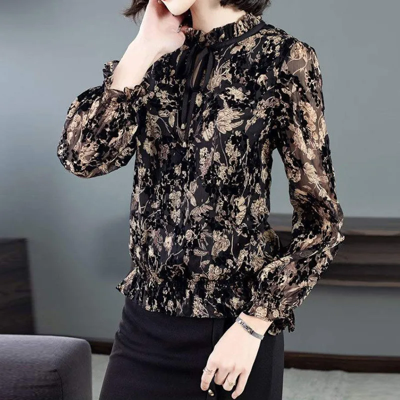 Spring Autumn Women Vintage Floral Printed Long Sleeve Chiffon Shirts Fashion Elegant Ruffle Lace Up Chic Blouse Tops Blusas 5XL