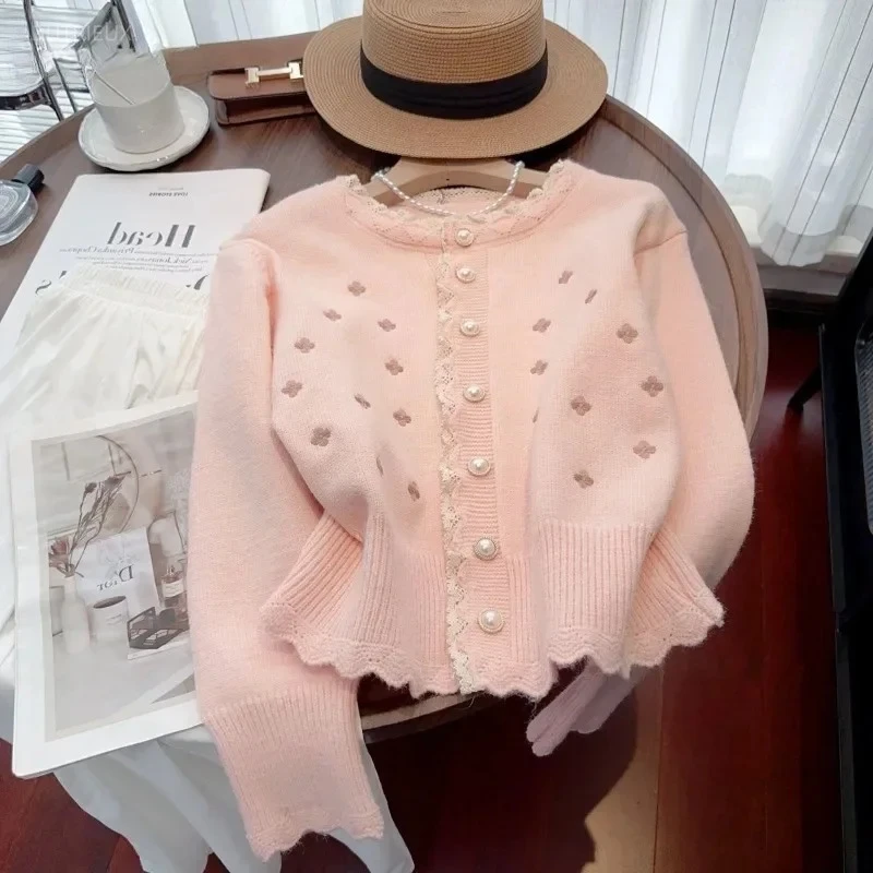 Korean Sweet Gentle Embroidered Lace Edge Sweater Coats Femme 2026 Autumn Loose Pearl Button Long Sleeve Knitted Cardigan