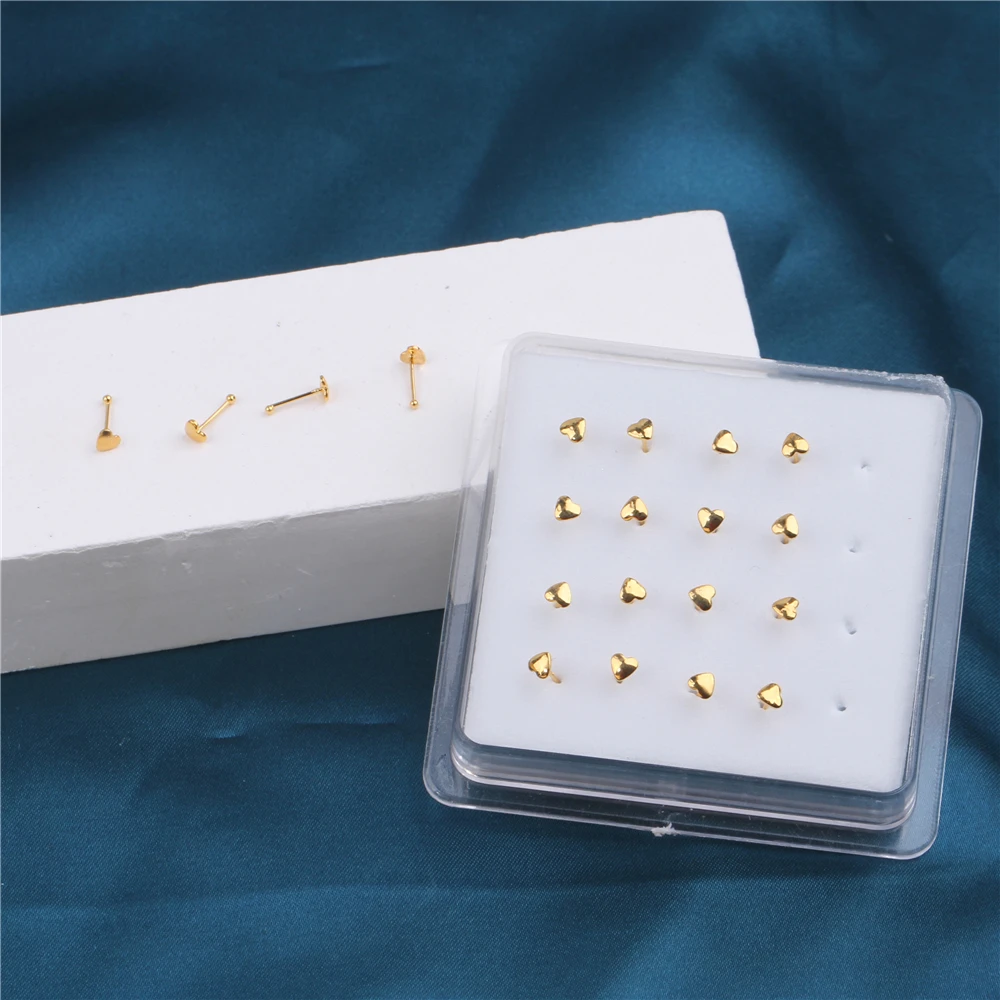20Pcs 22G  Heart Shape Nose Studs Bone for Women Men Tiny Nose Ring Body Piercing Jewelry Silver Gold Color Nose Pin Ball End