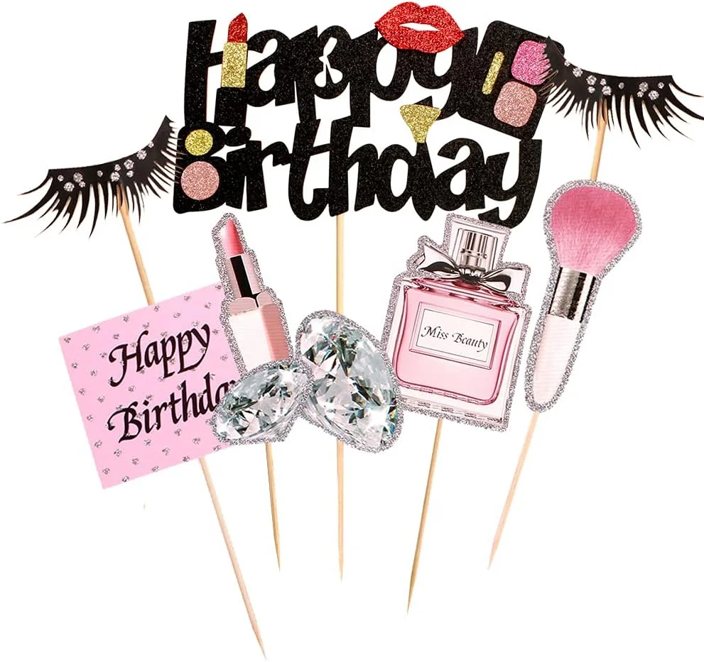 22-teiliges Make-up-Kuchenaufsatz-Set – Lippenstift, Parfüm, Wimpern, Diamantpinsel-Dekor für Frauen, Mädchen, Geburtstag, Brautparty, Spa-Party – Detail 5