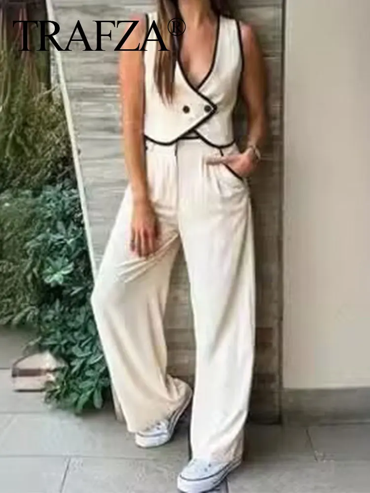 TRAFZA 2024 Summer Women Fashion Pants Set White V Neck Contrasting Short Vest Top + Loose Female Wide Leg Long Pant Streetwear