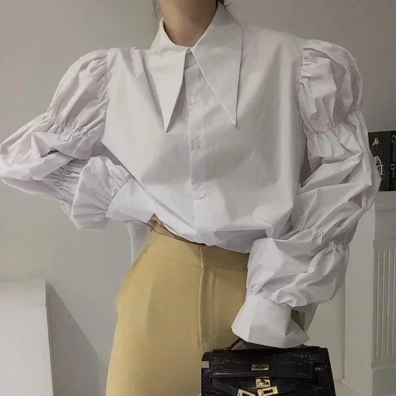 

2024 Spring Korean Casual Loose White Simple Blouse Pleated Puff Long Sleeve Shirt Fashion Women Autumn New Tops Clothes 30246