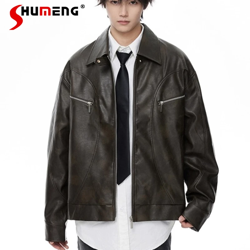 

Men's 2025 Autumn New Stylish Coats Masculinity Loose Solid Color Chic Jacket High Street Lapel Short Style Faux Leather Jackets