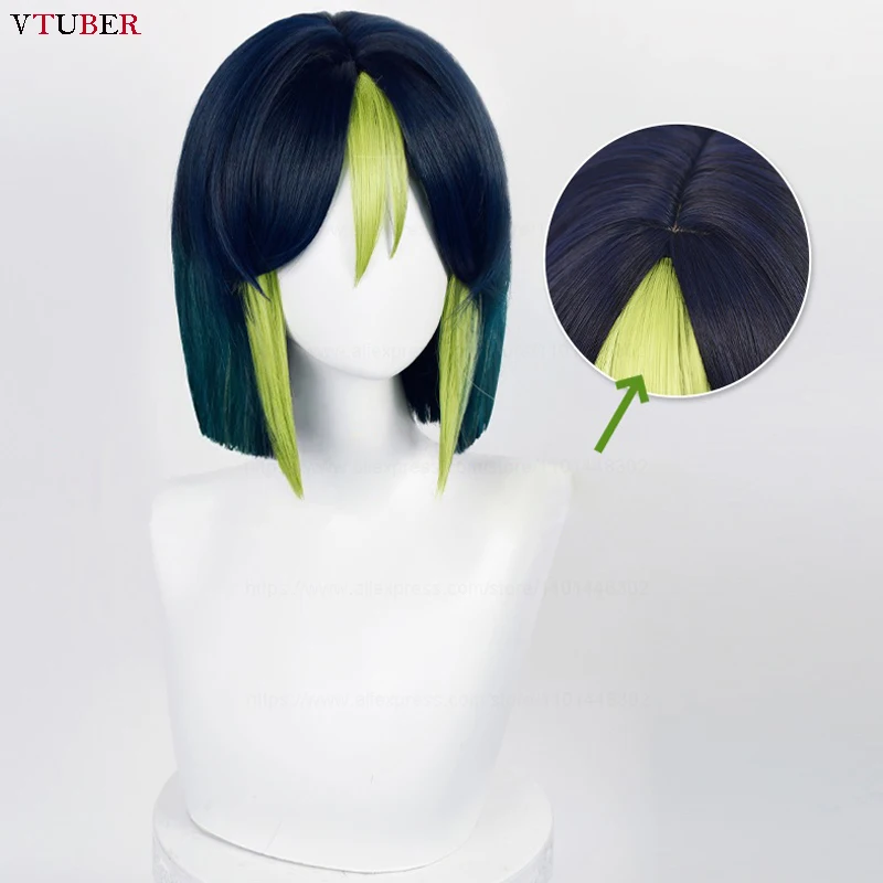 Sumeru Tighnari Cosplay Perücke Tighnari 30 cm Kurze Dunkelblau Grün Hitzebeständige Kunsthaar Spiel Genshin Anime Perücken + Perückenkappe