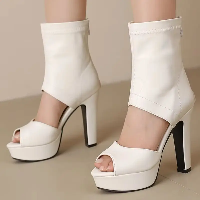 Ankle Boots for Women High Heels Buckle Summer Boot Peep toe Platform Black White Red Yellow Dance Shoes Ladies Large Size 45 50