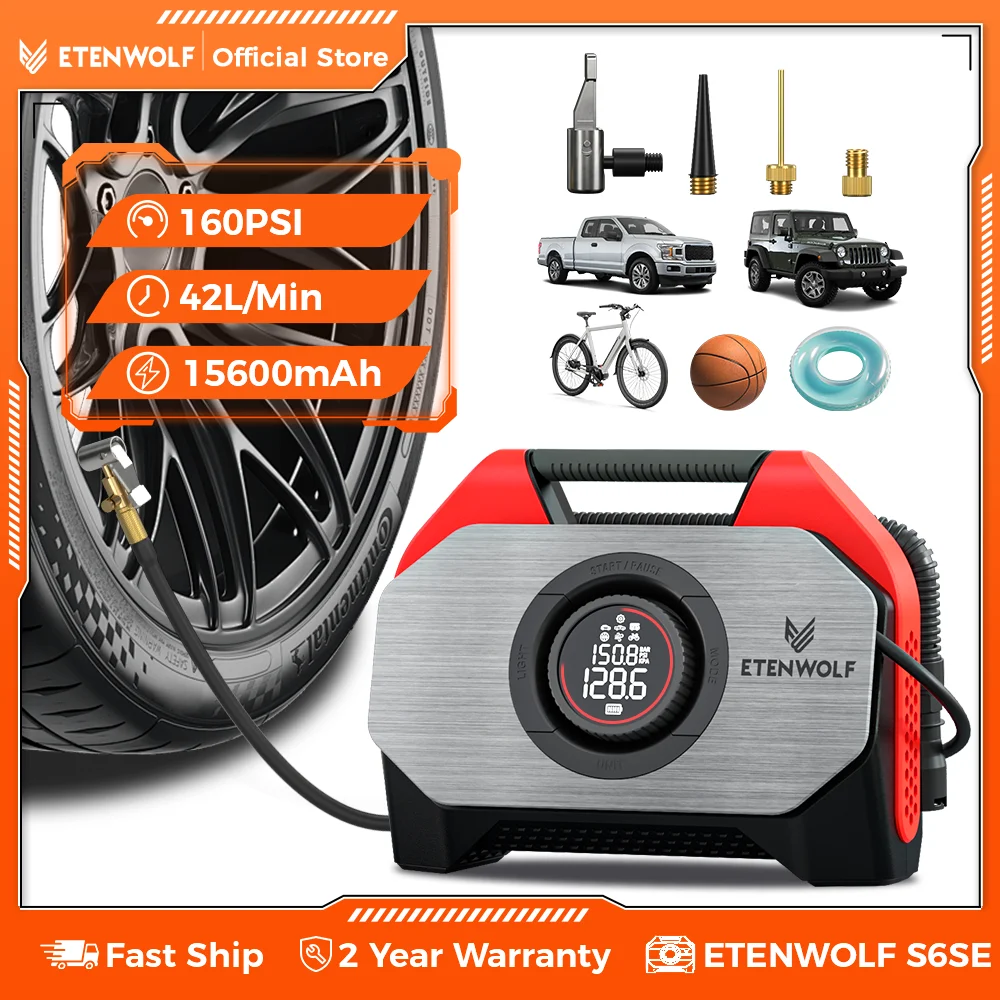 

ETENWOLF VORTEX S6SE Беспроводной насос для накачивания шин Портативный воздушный компрессор, воздушный насос 160 фунтов на квадратный дюйм для автомобильных шин с аккумулятором 15600 мАч