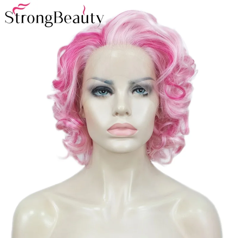 

StrongBeauty 10" Synthetic Lace Front Pink mixed Wigs Wavy Bob Natural Wig Heat Resistant Women Hair