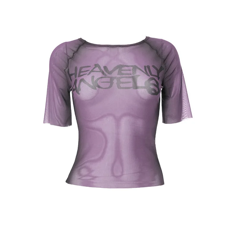 Nuova moda femminile, stile americano sexy e piccante, top corto senza cuciture da donna sexy e aderente con stampa trasparente