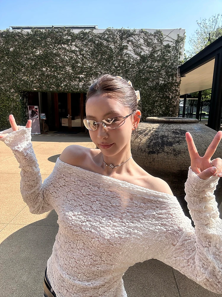 

Дышащий топ из хлопковой смеси с кружевной отделкой и вырезами, на одно плечо, универсальный, приталенный, белый, в корейском стиле, для девочек