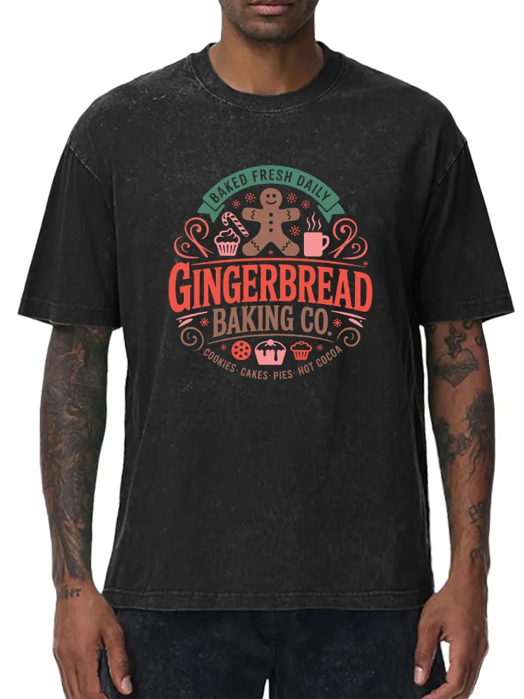 

Gingerbread Baking Co Men's Oversized Washed Graphic T-Shirt Christmas Print Streetwear Tee Vintage Casual Top