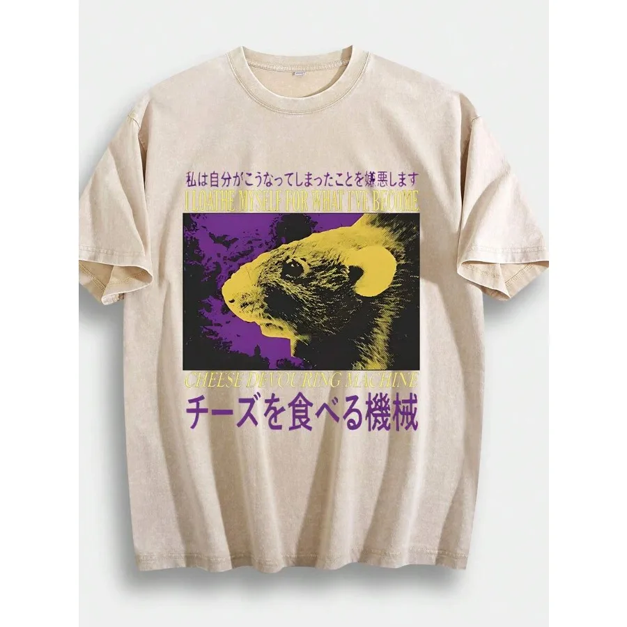 【New style】2026 New Retro Washed Retro T-Shirt Cheese Devouring Machine Mouse Japanese English Printed Washed Cotton Top Unisex