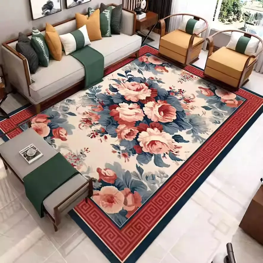 Blumenteppich im chinesischen Stil für Wohnzimmer, Heimdekoration, Sofa, Teppiche, rutschfester Schlafzimmerteppich, waschbare Fußmatte