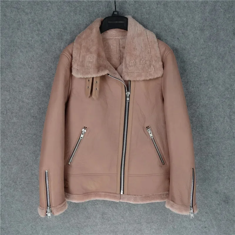 SHop Best.Guarantee Genuine leather jacket with fur.Winter warm women 100% shearling coat.Street sheepskin wool jackets