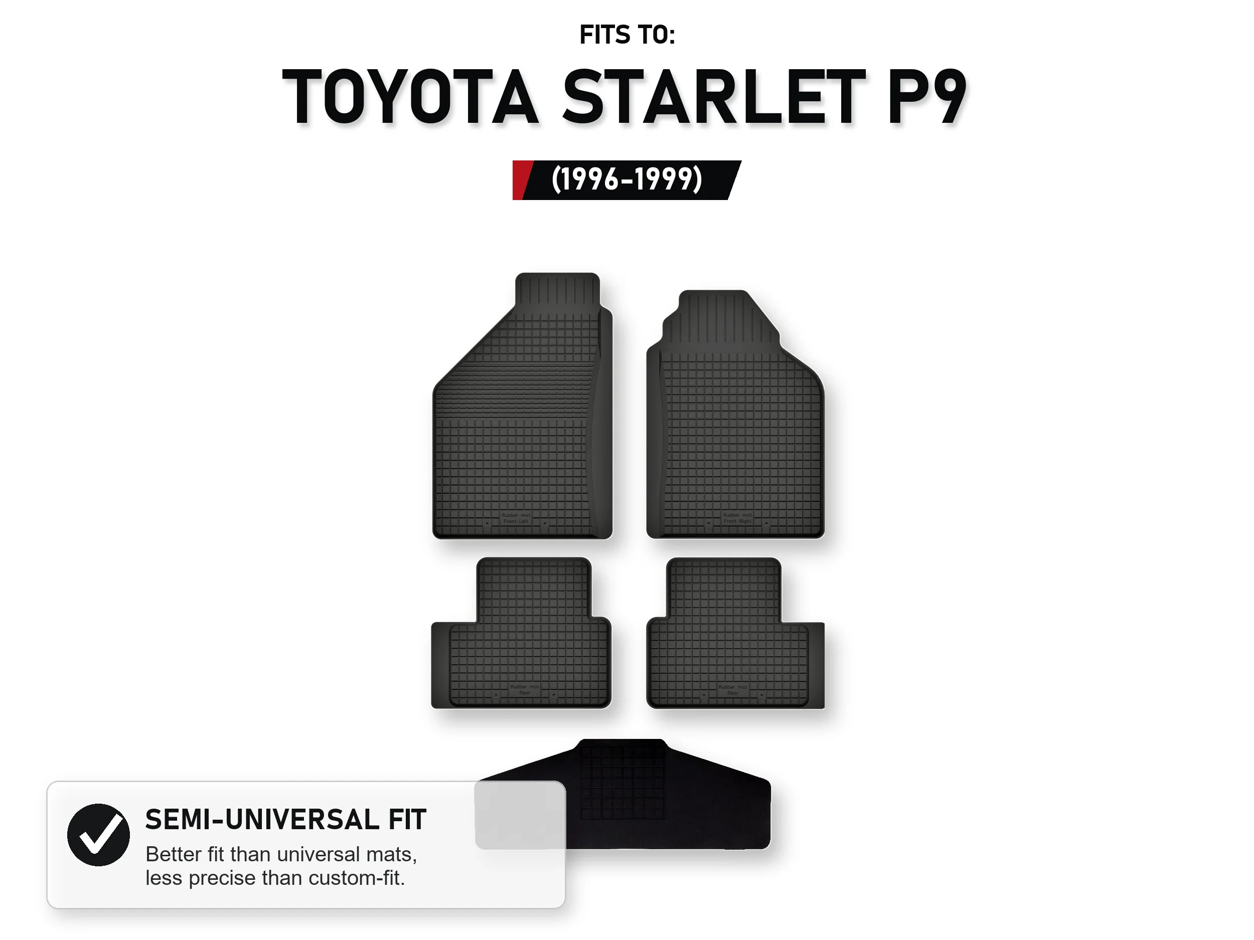 Rubberen matten, tray-type met tunnel voor: Toyota Starlet P9 1996-1999, 5 stuks
