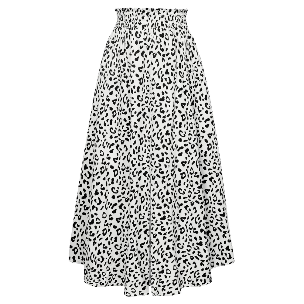 KK Women Skirt Front Slit Summer Causal Retro Leopard Printed Solid Fashion High-Waist Irregular Hem Below Mid-Calf A-Line Skirt