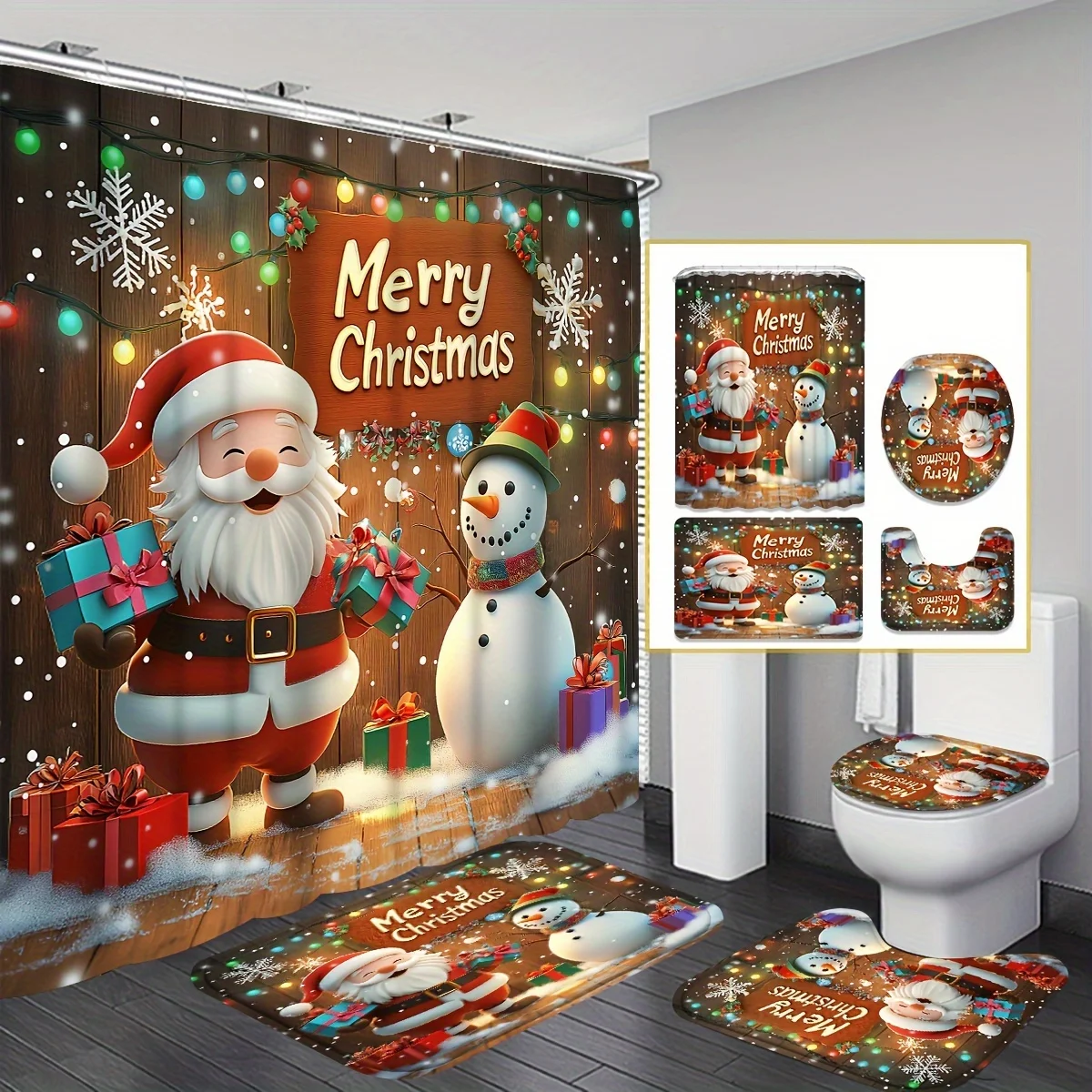 4Pcs Santa Snowman Shower Curtain Set,Christmas Scene Polyester Washable with 12 Hooks,Non-slip Mat & Toilet Lid Pad, Xmas Decor