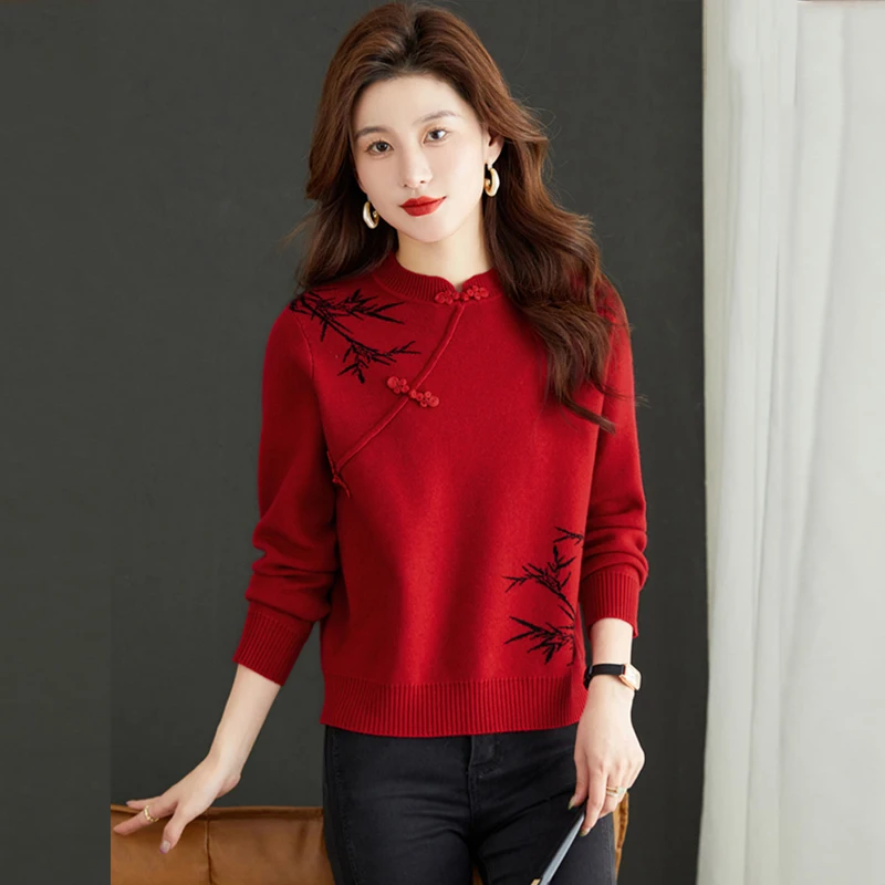 Autumn Winter New Vintage Short Style Tops Women Clothing Chinese Style Knitted Sweaters Fashion Chic Jacquard Pullovers