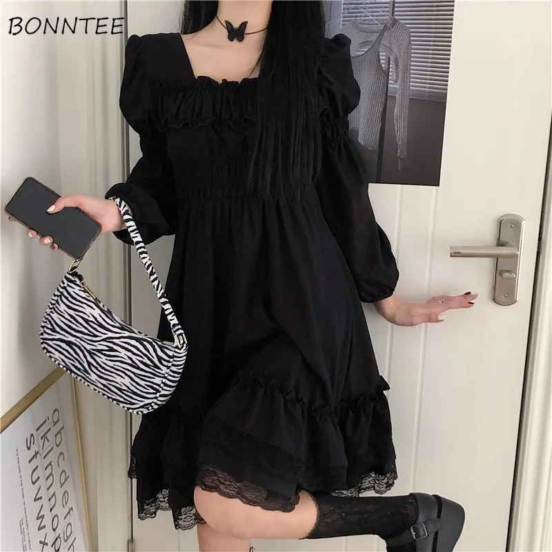 

Square Collar Dresses Vintage Dark Academia Loose Fit Lace Puff Sleeve Folds Design Casual Korean Fashion Spring Vestidos Young