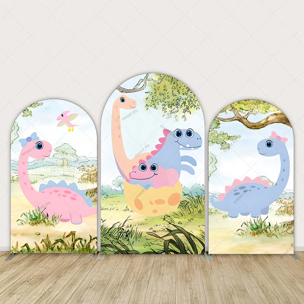 

Cartoon Dinosaur Arched Backdrop Covers Kids Birthday Party Baby Shower Background Decor
