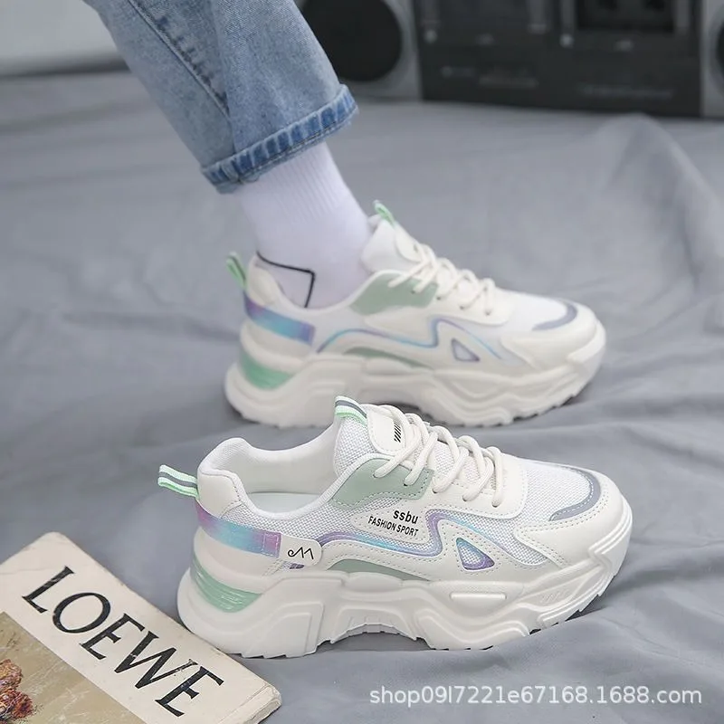 New Spring Autumn Ladies Low-top Thick-soled Sneakers Mesh Dad Shoes Women Adult Lace-up Soft-soled Running Casual White Shoes
