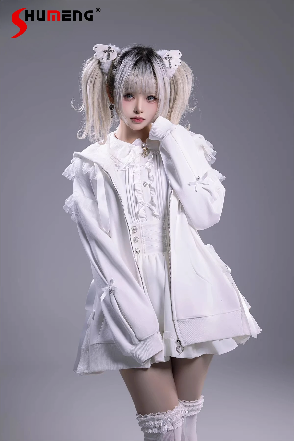 Original Japanese Style Subculture Girl Y2K Tops Lace-up Bow Hooded Loose Versatile Zip-up Sweatshirts Jacket Women Spring 2026