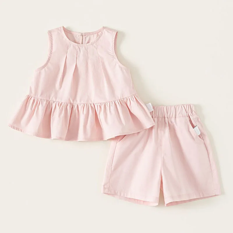 

2Piece Summer Girls Outfit Sets Korean Cute Pink Cute Sleeveless Cotton Tops+Shorts Boutique Kids Clothing Toddler Clothes B168
