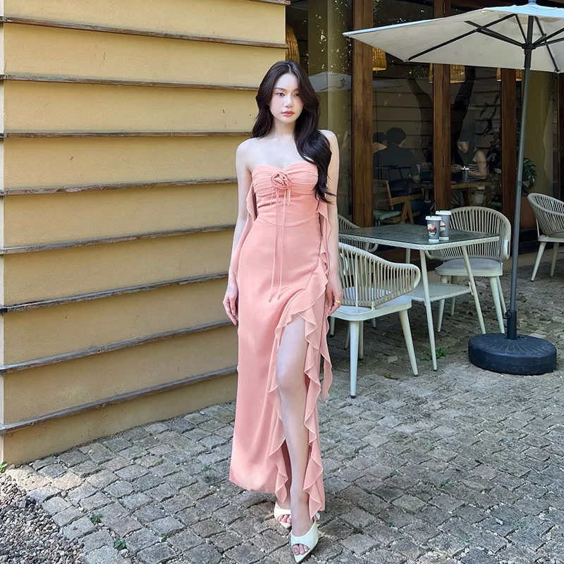 

New Long Skirt With A Socialite Style And Elegant Temperament, Slim Fit With Pleated Edges And Flower Slit Dress