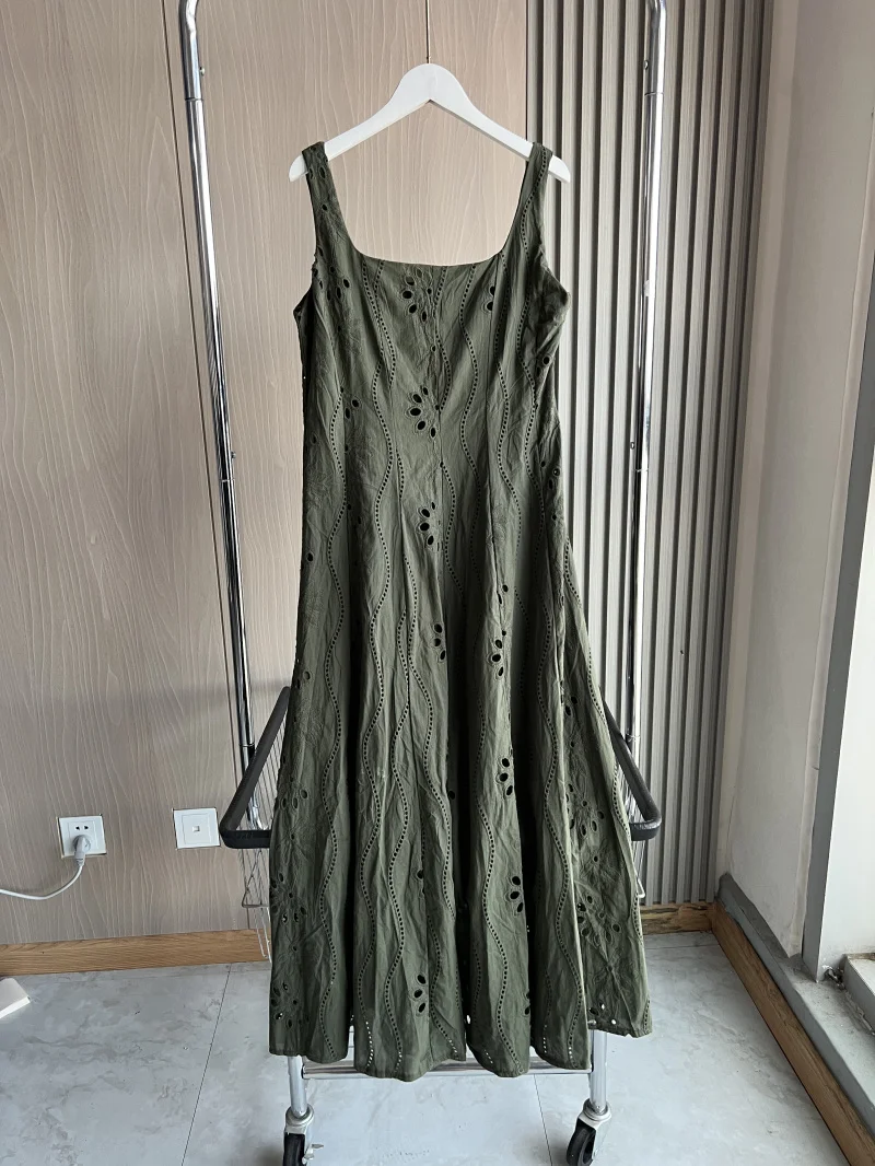 

LIBIELIY New Women's Elegant Fashion Cotton Hollow Embroidery Comfortable Temperament MIDI Sleeveless Vest Dress