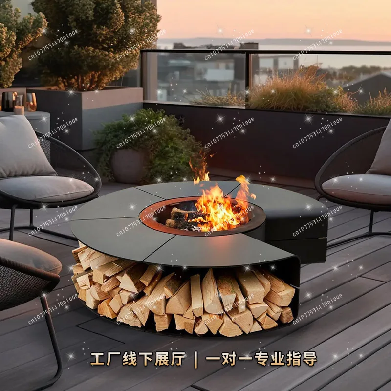 Outdoor Courtyard Decorative Landscape Wood-Burning Fireplace Table with BBQ Net Cover Stainless Steel Heating for Home Use