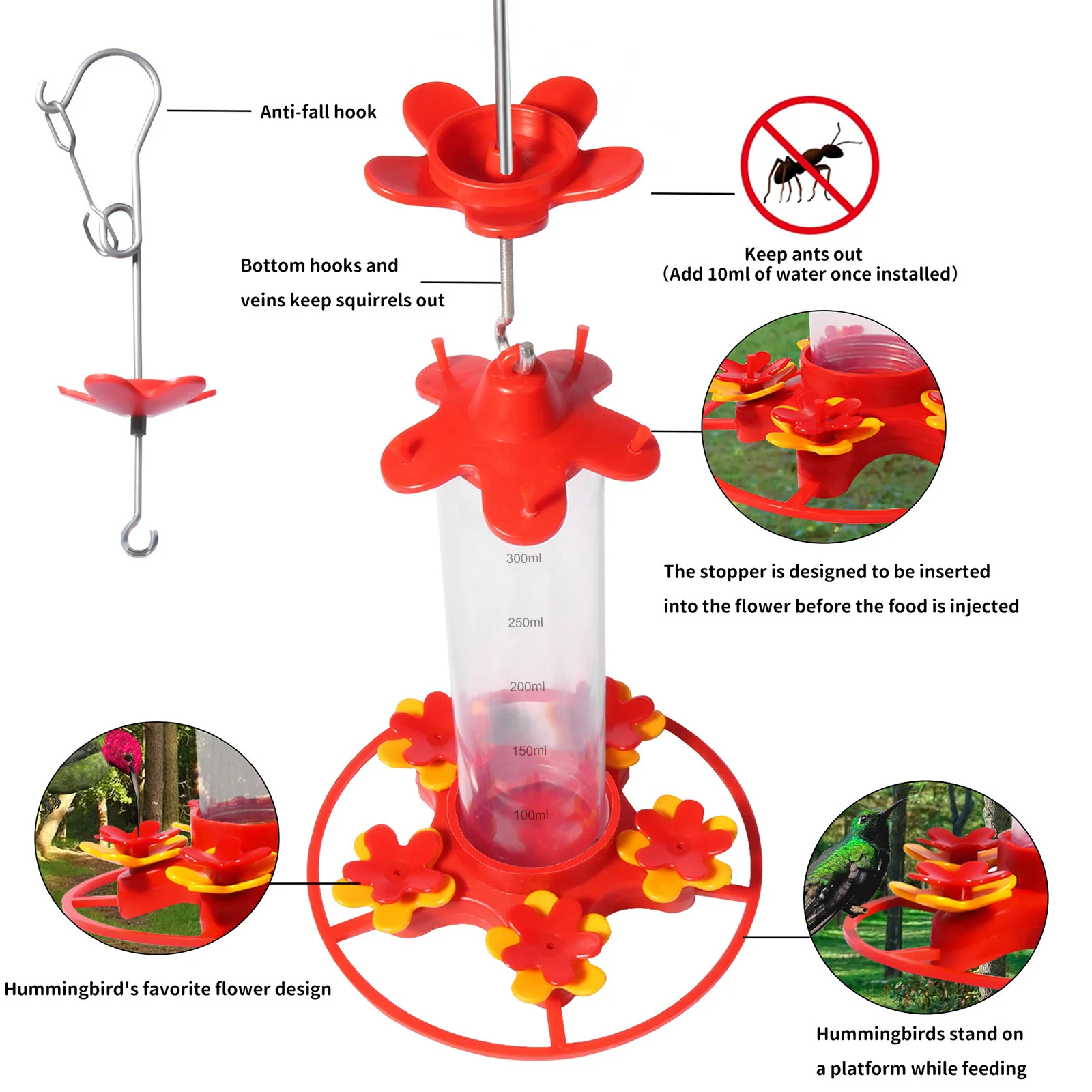 Comedero de agua para colibrí, colgante, agua de miel, comedero para pájaros, anti-antes, a prueba de fugas, fácil de limpiar, decoración de jardín al aire libre