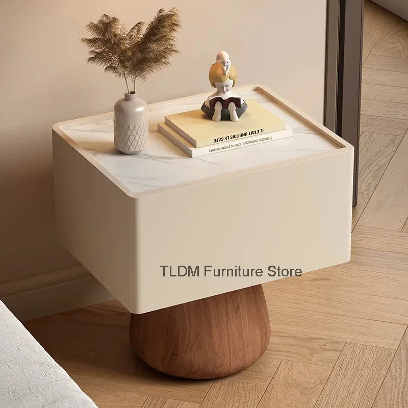 Modern Two-Tone Bedside Cabinet, Smooth Block Storage Body, Bulbous Wood Sculptural Base Minimalist Nightstand for Bedroom Decor
