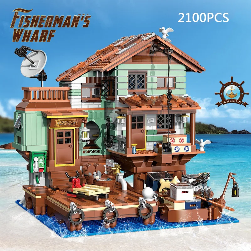 

Creative City Street View Mini Block Fisherman Wharf House Building Brick Fisher Figures Streetscape Toys Collection For Gifts